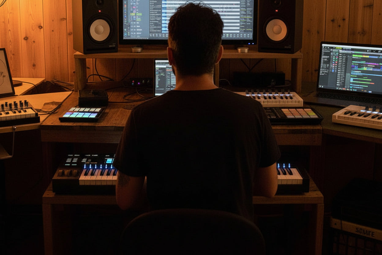 Drys Lønd Vick working in a home music studio with various equipment.